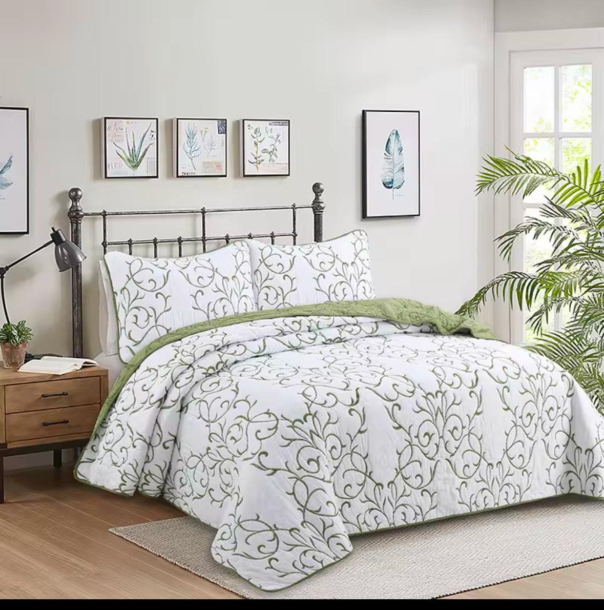 Reversible Cotton Quilt Set Embroidered & Cozy Bedding