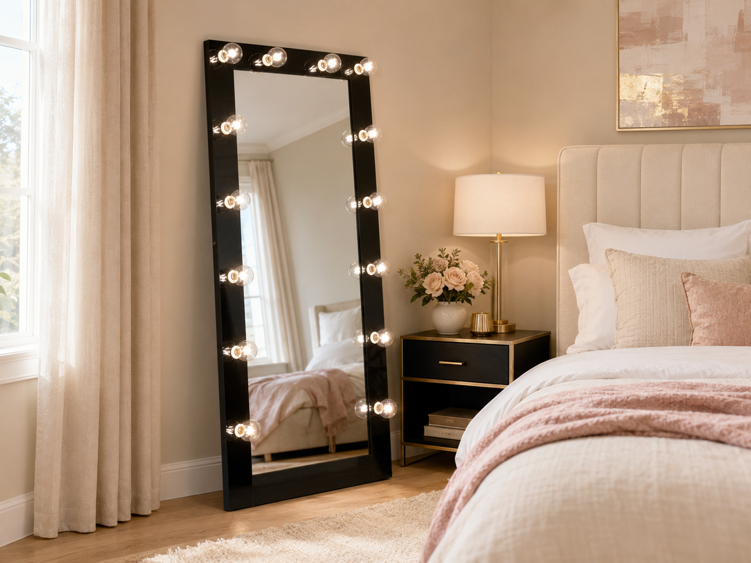 Zayan 32 x 71 Inch Floor Mirror LED Lighting Black Gloss