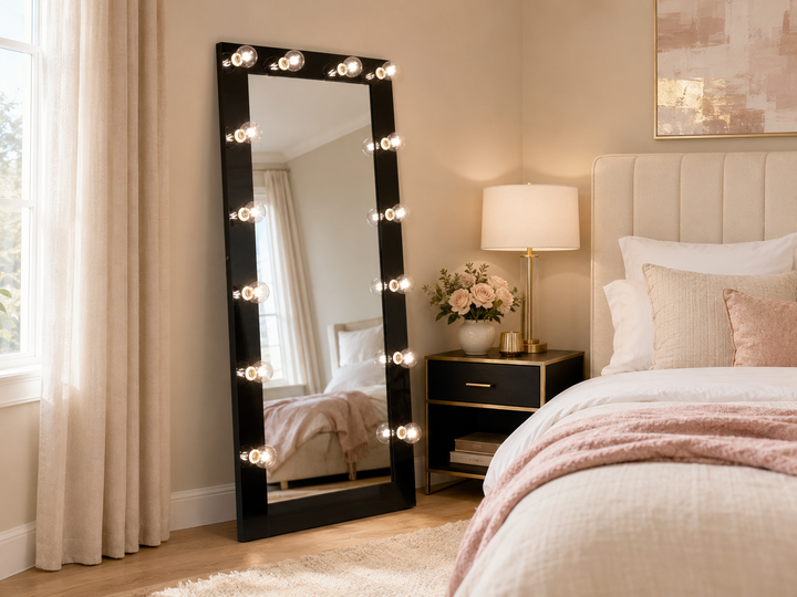 Zayan 32 x 71 Inch Floor Mirror LED Lighting Black Gloss