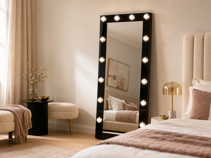 Zayan 32 x 71 Inch Floor Mirror LED Lighting Black Gloss