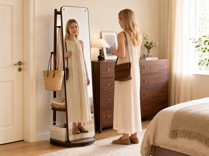 Full-Length Mirror – Solid Wood Frame Walnut 18.89" x 66.53" for Bedroom, Dressing Area &amp; Retail Display