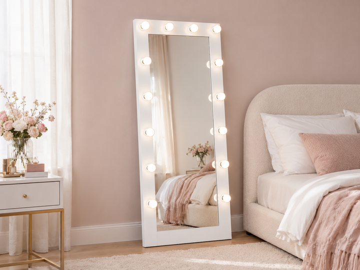Zayan 32 x 71 Inch Floor Mirror LED Lighting White Gloss