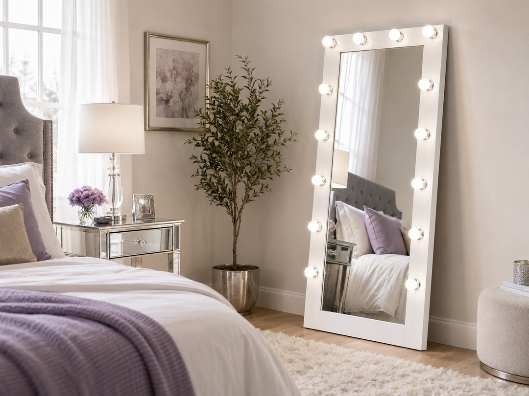 Zayan 32 x 71 Inch Floor Mirror LED Lighting White Gloss
