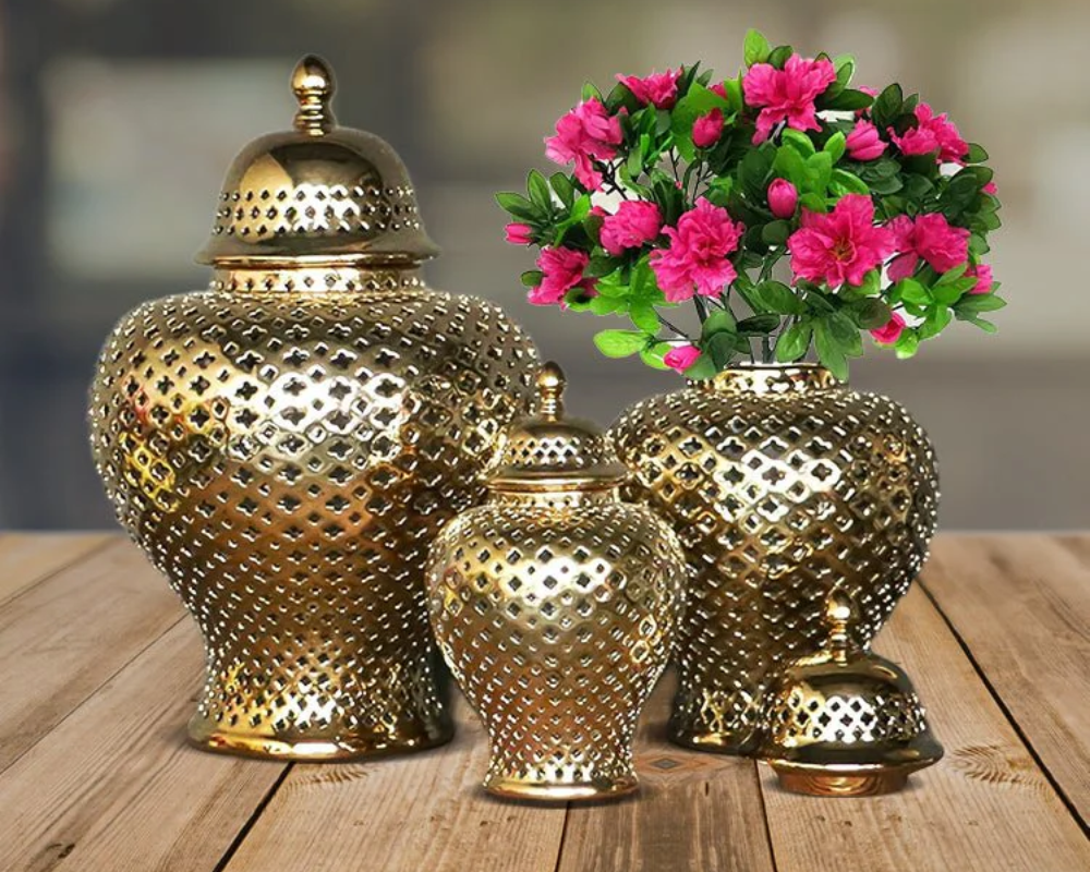 Gold Ceramic Ginger Jar Trio (Set of 3)