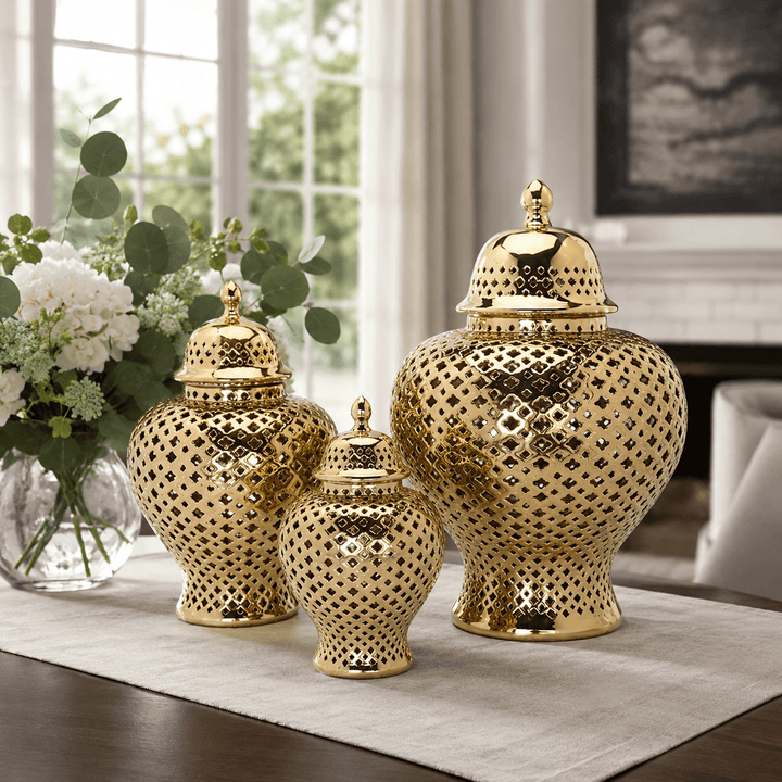 Gold Ceramic Ginger Jar Trio (Set of 3) - posh&amp;polish variety