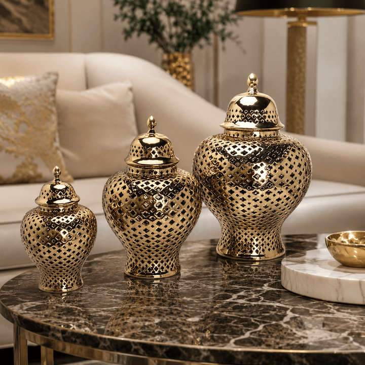 Gold Ceramic Ginger Jar Trio (Set of 3) - posh&amp;polish variety