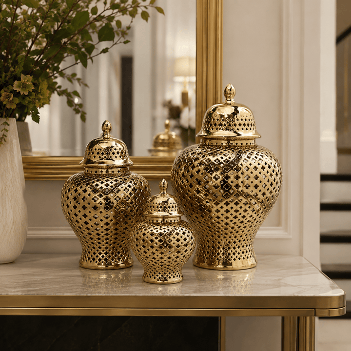 Gold Ceramic Ginger Jar Trio (Set of 3) - posh&amp;polish variety