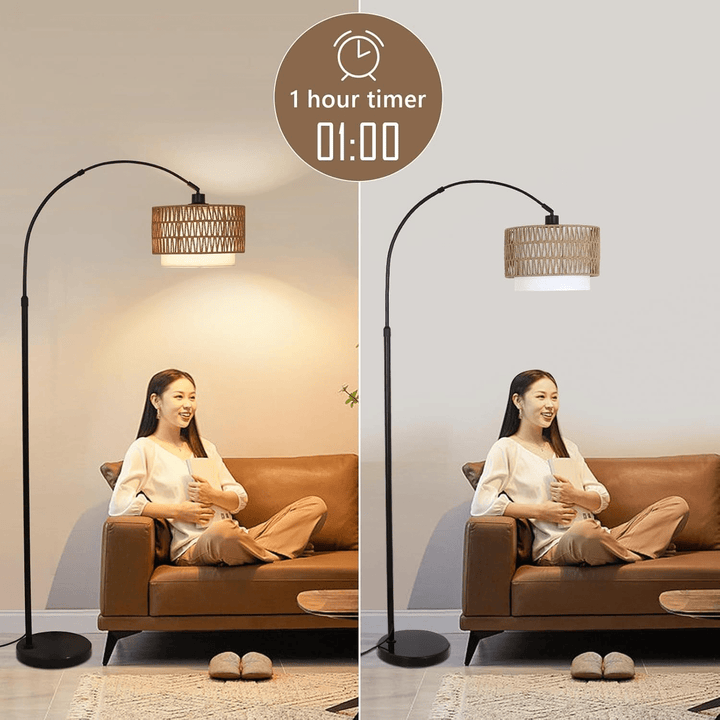 Modern LED Arc Floor Lamp with Rattan &amp; Linen Shade - posh&amp;polish variety