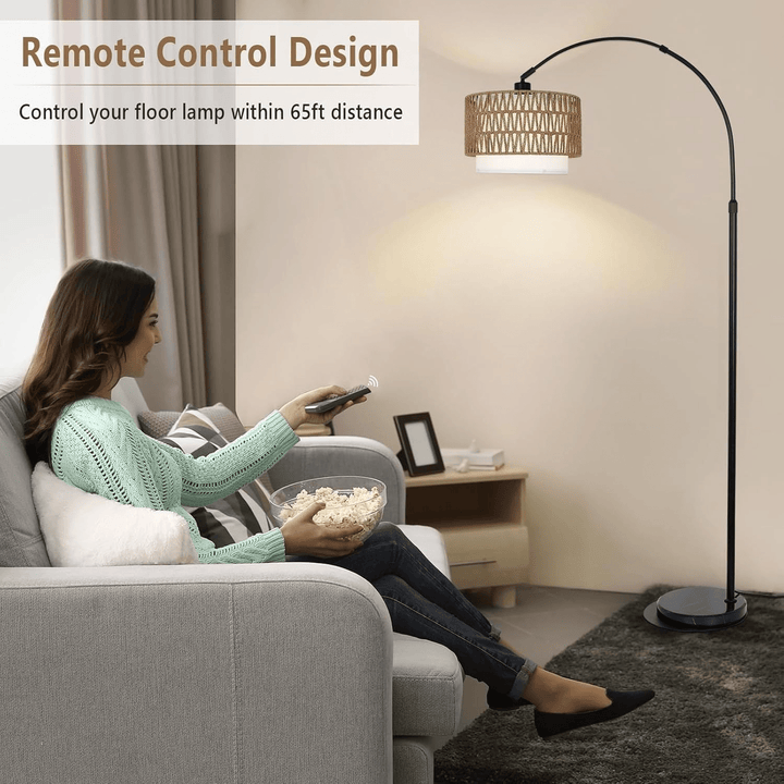 Modern LED Arc Floor Lamp with Rattan &amp; Linen Shade - posh&amp;polish variety
