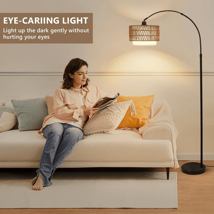 Modern LED Arc Floor Lamp with Rattan &amp; Linen Shade - posh&amp;polish variety