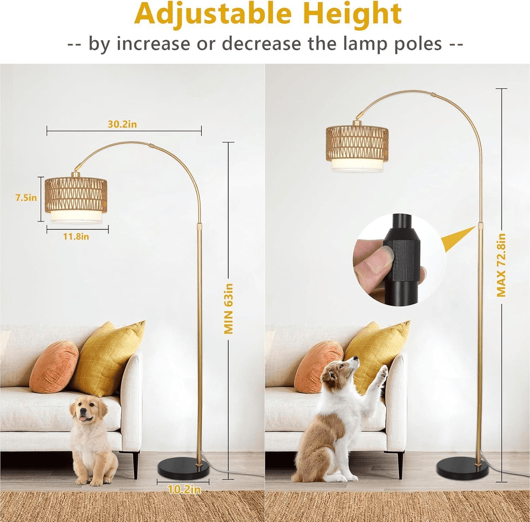 Modern LED Arc Floor Lamp with Rattan &amp; Linen Shade - posh&amp;polish variety