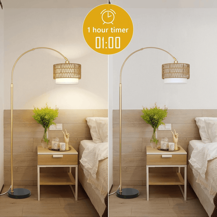 Modern LED Arc Floor Lamp with Rattan &amp; Linen Shade - posh&amp;polish variety