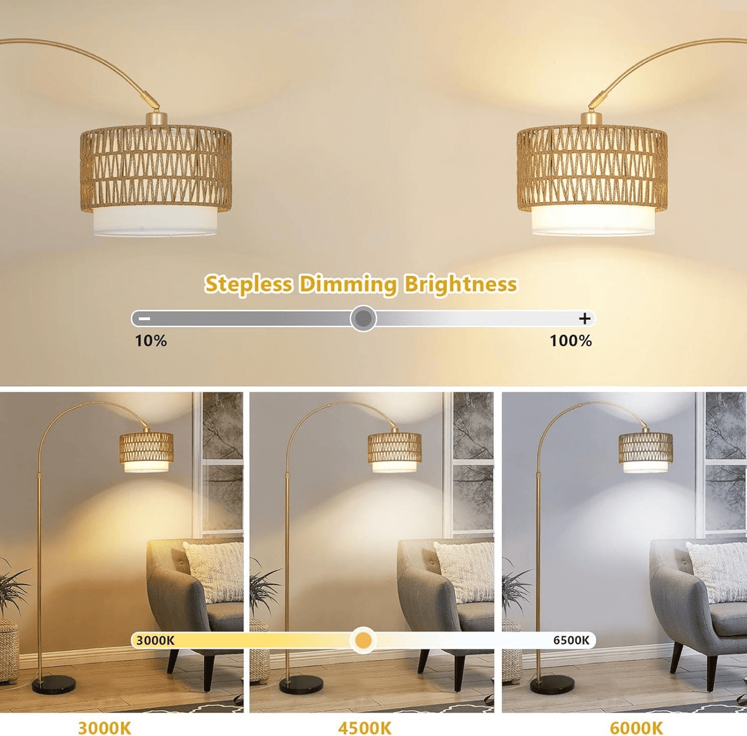 Modern LED Arc Floor Lamp with Rattan &amp; Linen Shade - posh&amp;polish variety