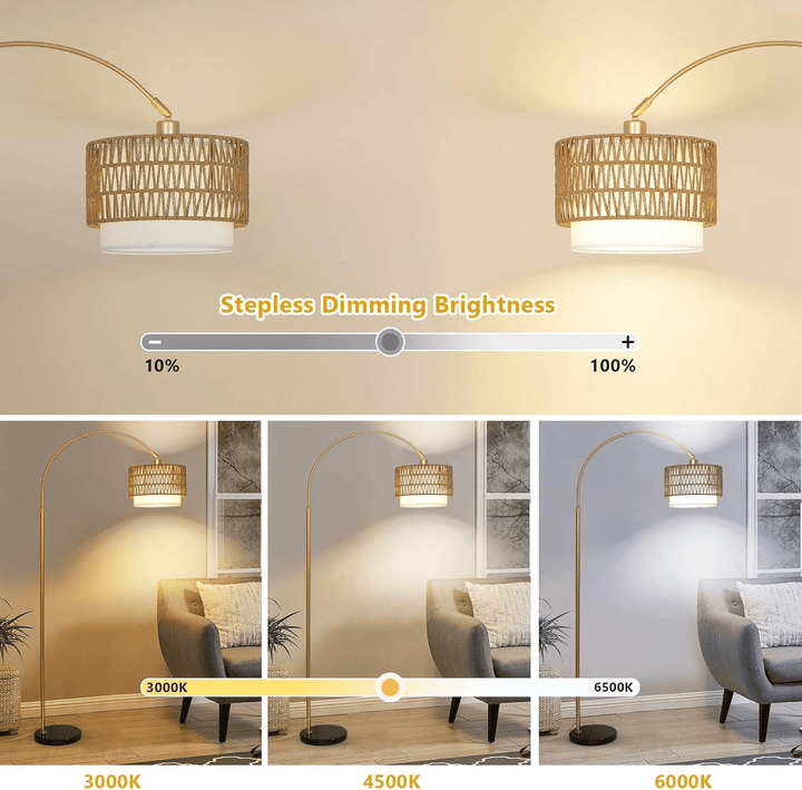 Modern LED Arc Floor Lamp with Rattan &amp; Linen Shade - posh&amp;polish variety