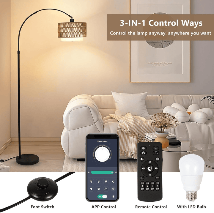 Modern LED Arc Floor Lamp with Rattan &amp; Linen Shade - posh&amp;polish variety