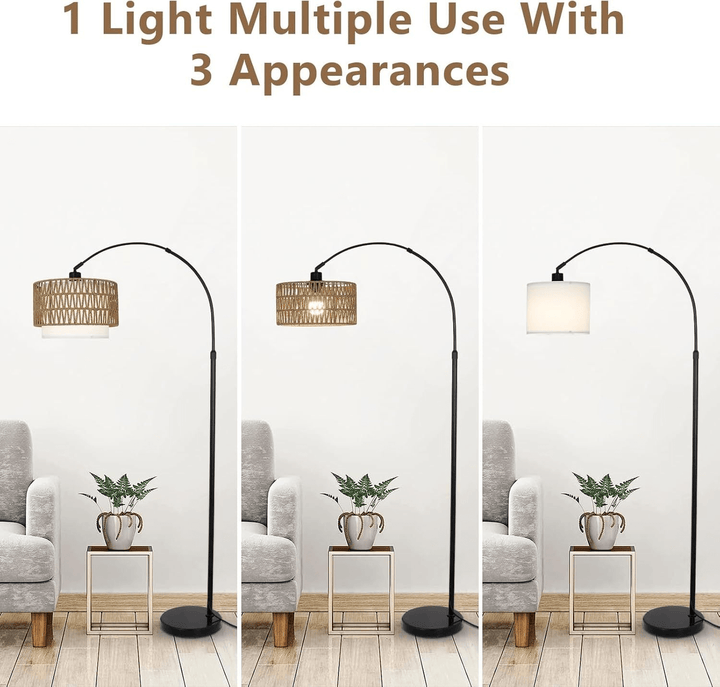 Modern LED Arc Floor Lamp with Rattan &amp; Linen Shade - posh&amp;polish variety