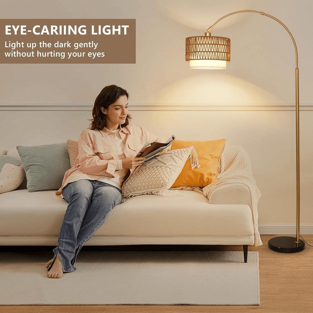 Modern LED Arc Floor Lamp with Rattan &amp; Linen Shade - posh&amp;polish variety