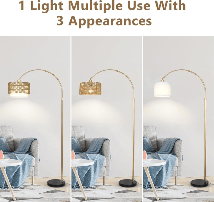 Modern LED Arc Floor Lamp with Rattan &amp; Linen Shade - posh&amp;polish variety