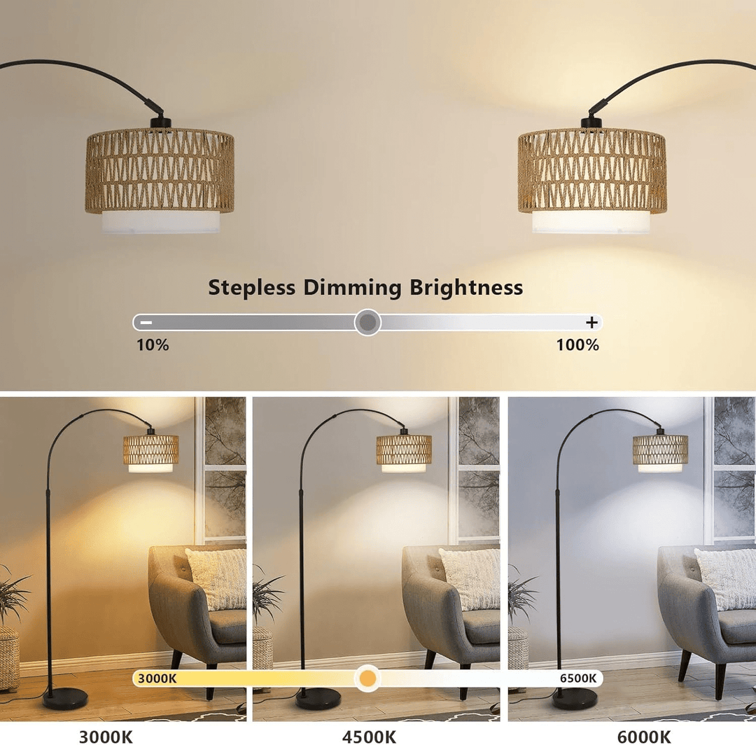 Modern LED Arc Floor Lamp with Rattan &amp; Linen Shade - posh&amp;polish variety