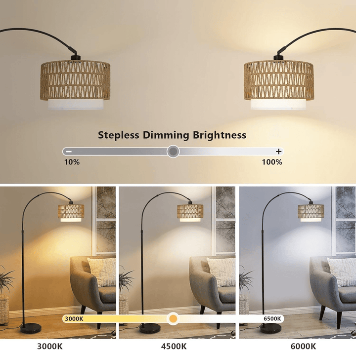 Modern LED Arc Floor Lamp with Rattan &amp; Linen Shade - posh&amp;polish variety