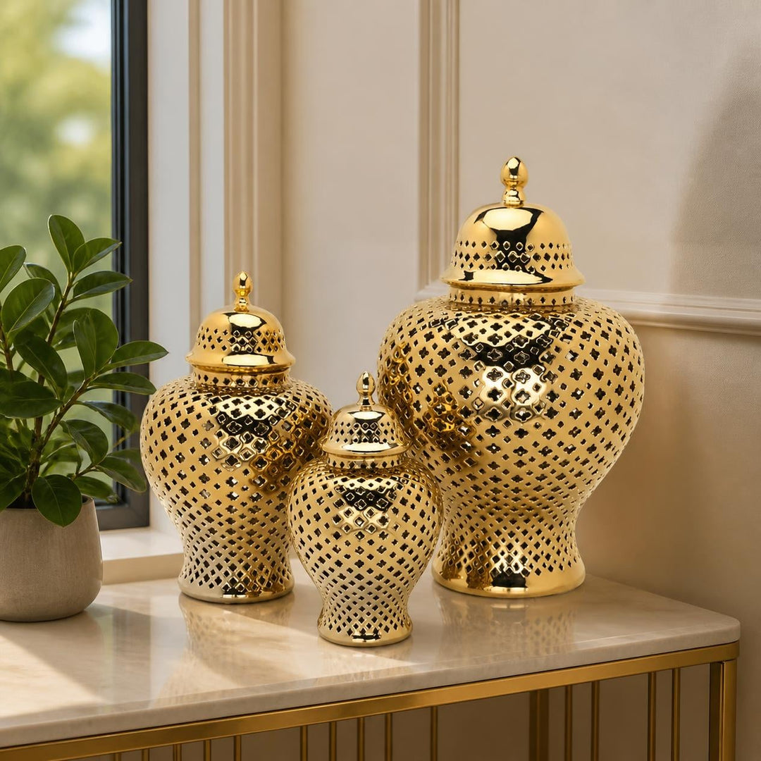 Gold Ceramic Ginger Jar Trio (Set of 3) - posh&polish variety