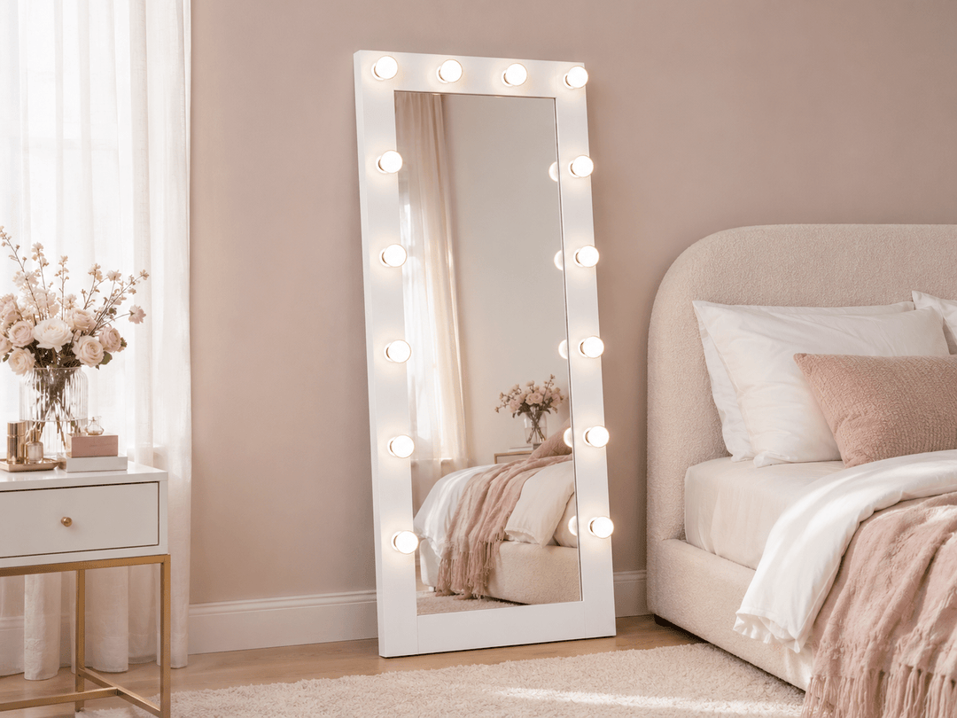 Zayan 32 x 71 Inch Floor Mirror LED Lighting White Gloss - posh&amp;polish variety